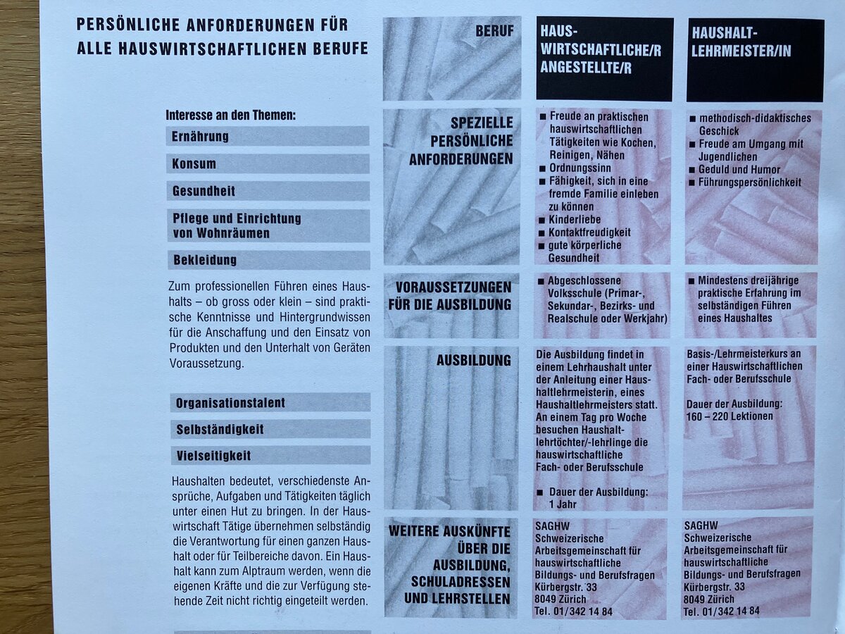 Der Ausschnitt &uuml;ber die Anforderungen f&uuml;r hauswirtschaftliche Berufe aus der Brosch&uuml;re von 1994 zeigt eindr&uuml;cklich, wieviel sich zur Lebenszeit der heutigen Grossm&uuml;tter ver&auml;ndert hat.
